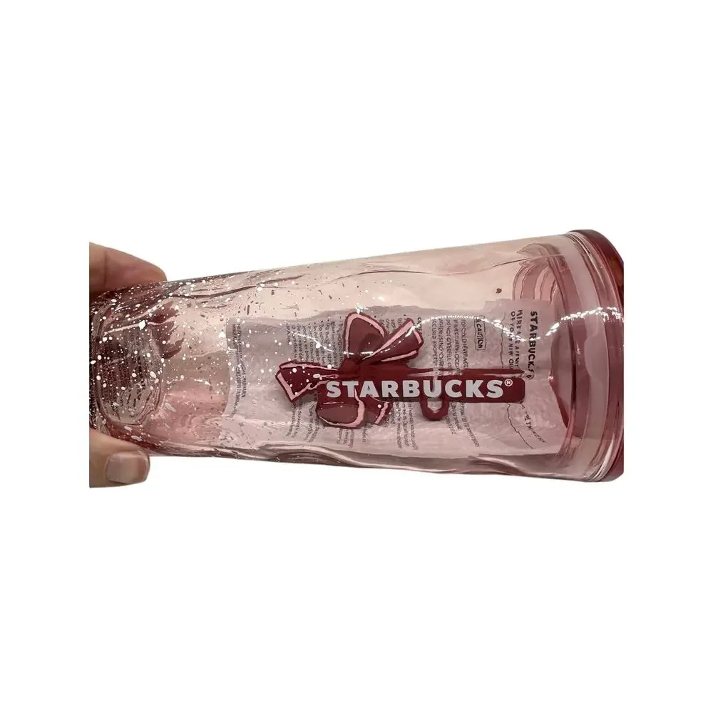 Starbucks 2025 Holiday Pink Speckled Snow Glass Tumbler Bow Straw Topper - NWT